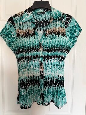 Apt. 9 Teal Black and Tan Geometric Short-Sleeve Button Blouse